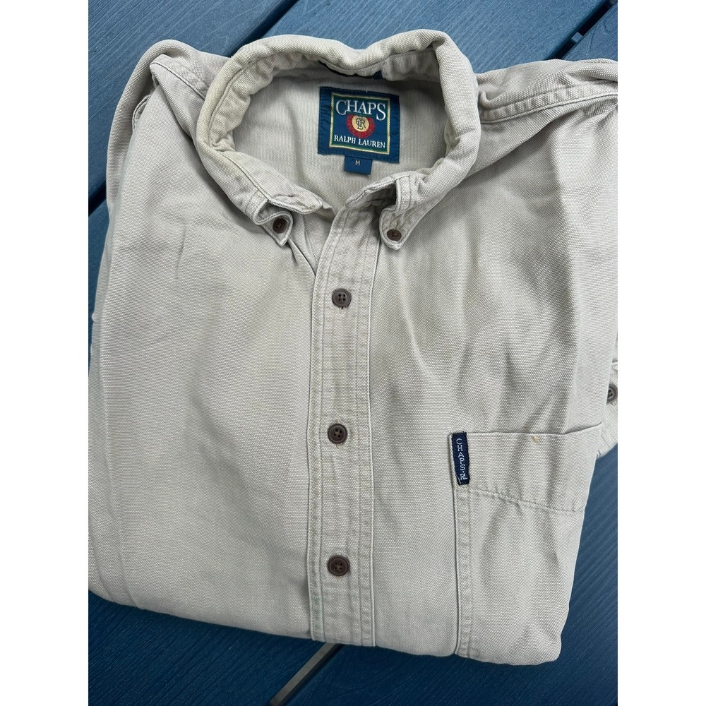 Chaps Ralph Lauren Mens M Tan Khaki Canvas Cotton Button Down Work Shirt L/S